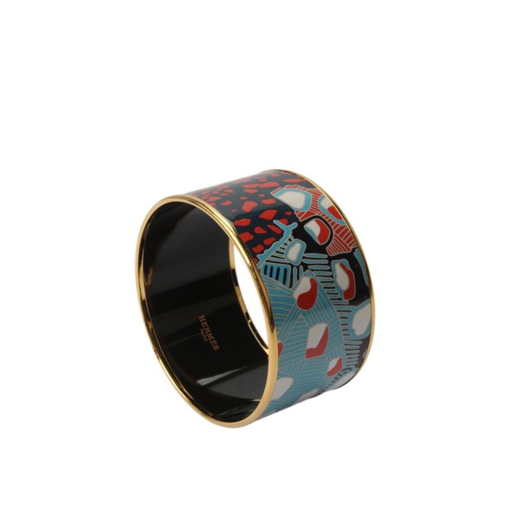 Hermes Womens 18K Gold Plated Multicolor Enamel Grand Fonds Wide Bangle 2.4"